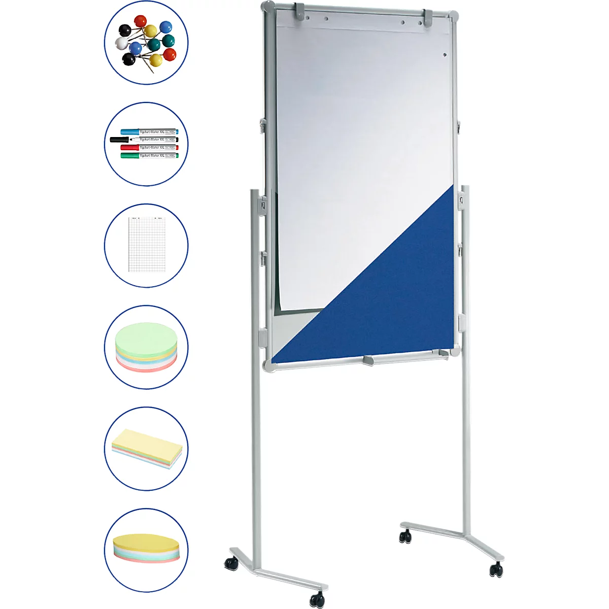 White, mobile whiteboard with blue wedge and accessories. In the background, various items are shown: pens, magnets, paper, sponge and memo.