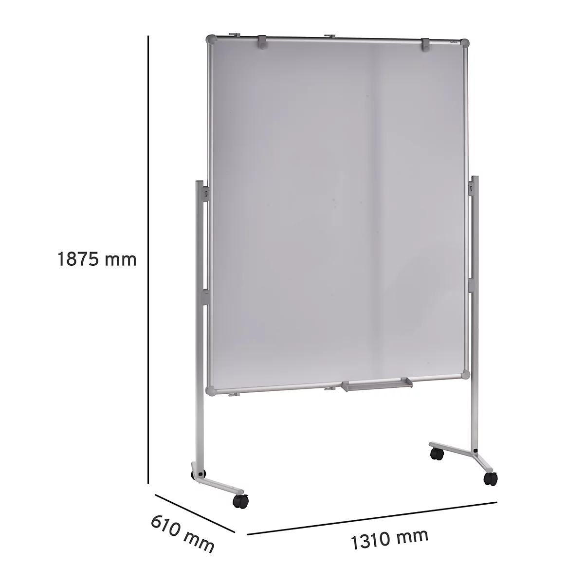 White freestanding whiteboard with silver frame and castors. Dimensions: 1875x1310x610mm.