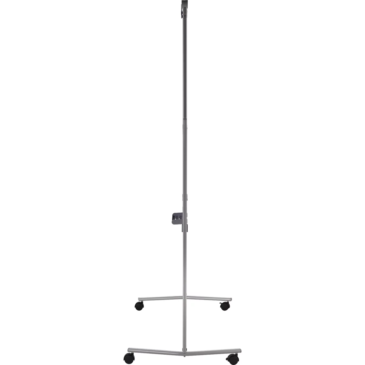 A gray, height-adjustable presentation stand with three legs and wheels.