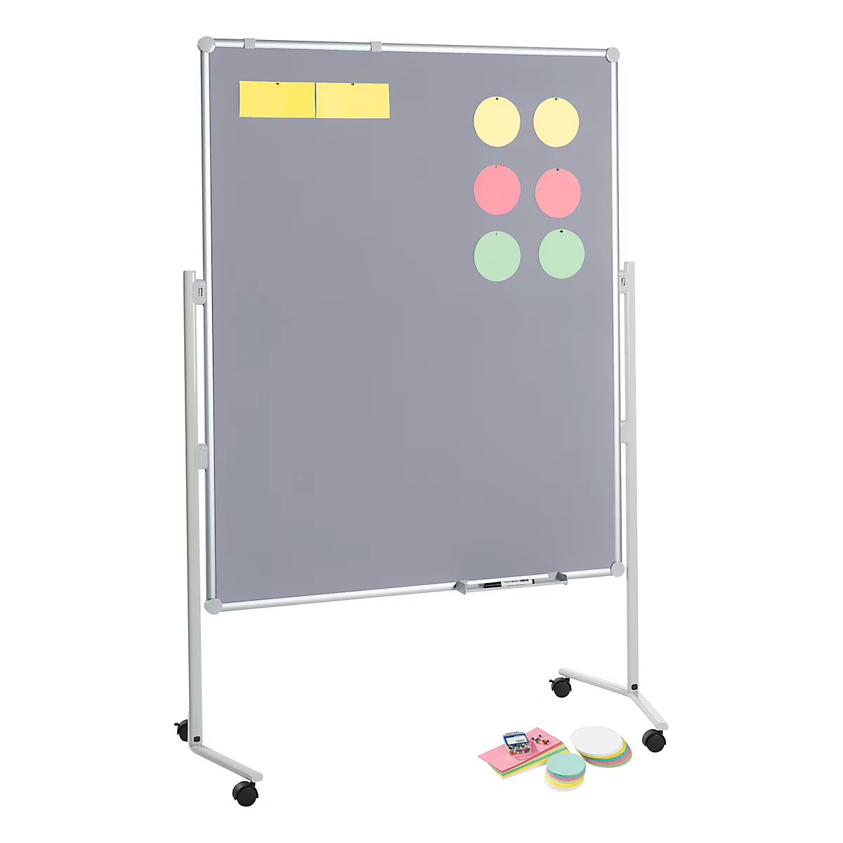 Grey magnetic board on wheels with sticky notes in yellow, red and green.