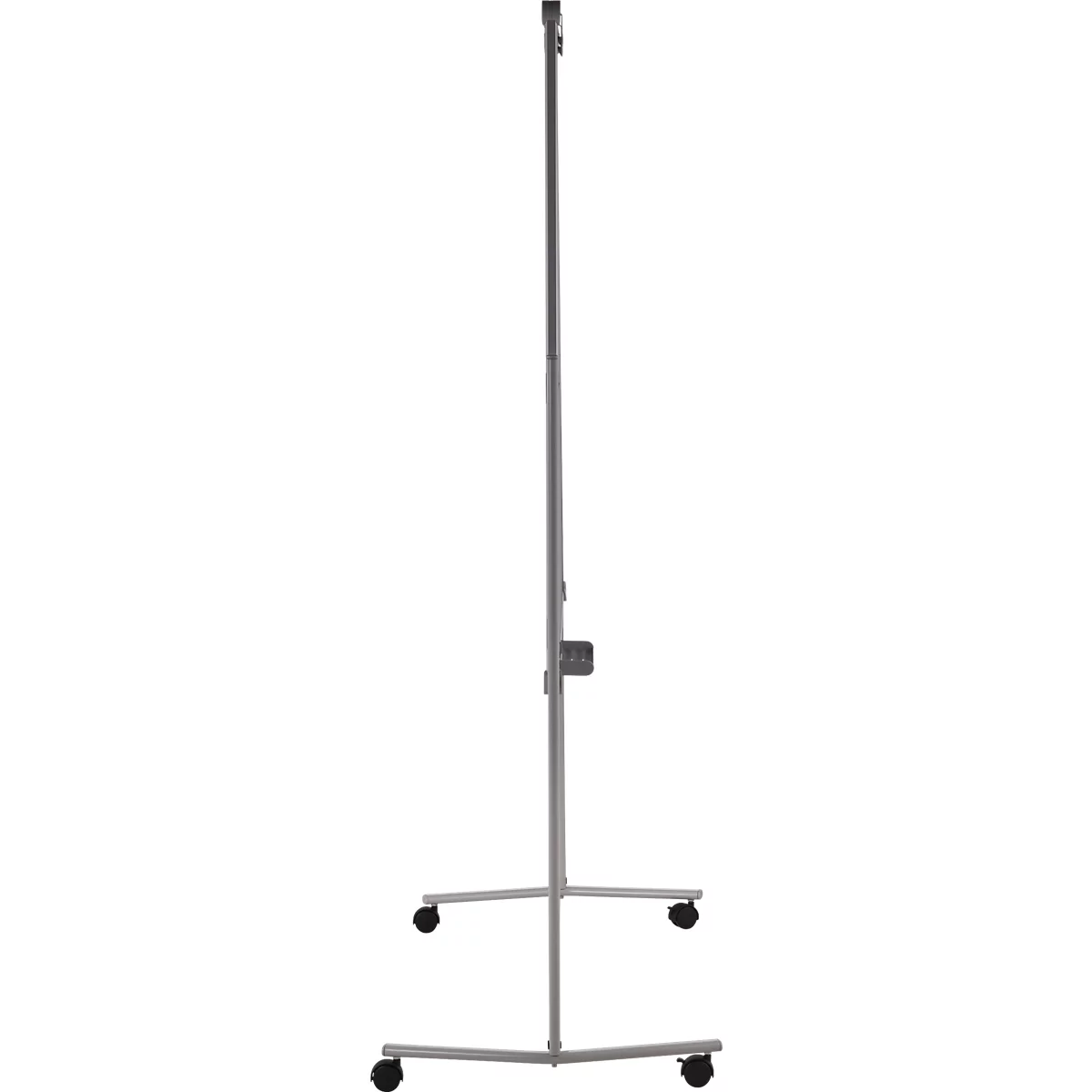 Metal presentation stand with wheels. Gray frame, dark gray wheels.