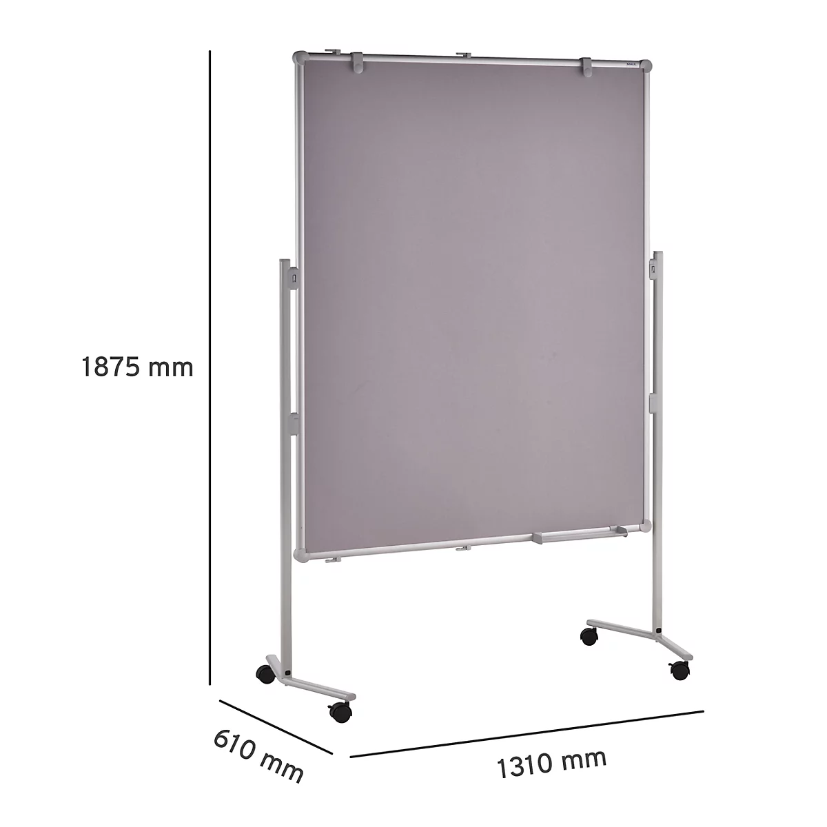 Grey, freestanding whiteboard on wheels. Dimensions: 1875x1310x610 mm.