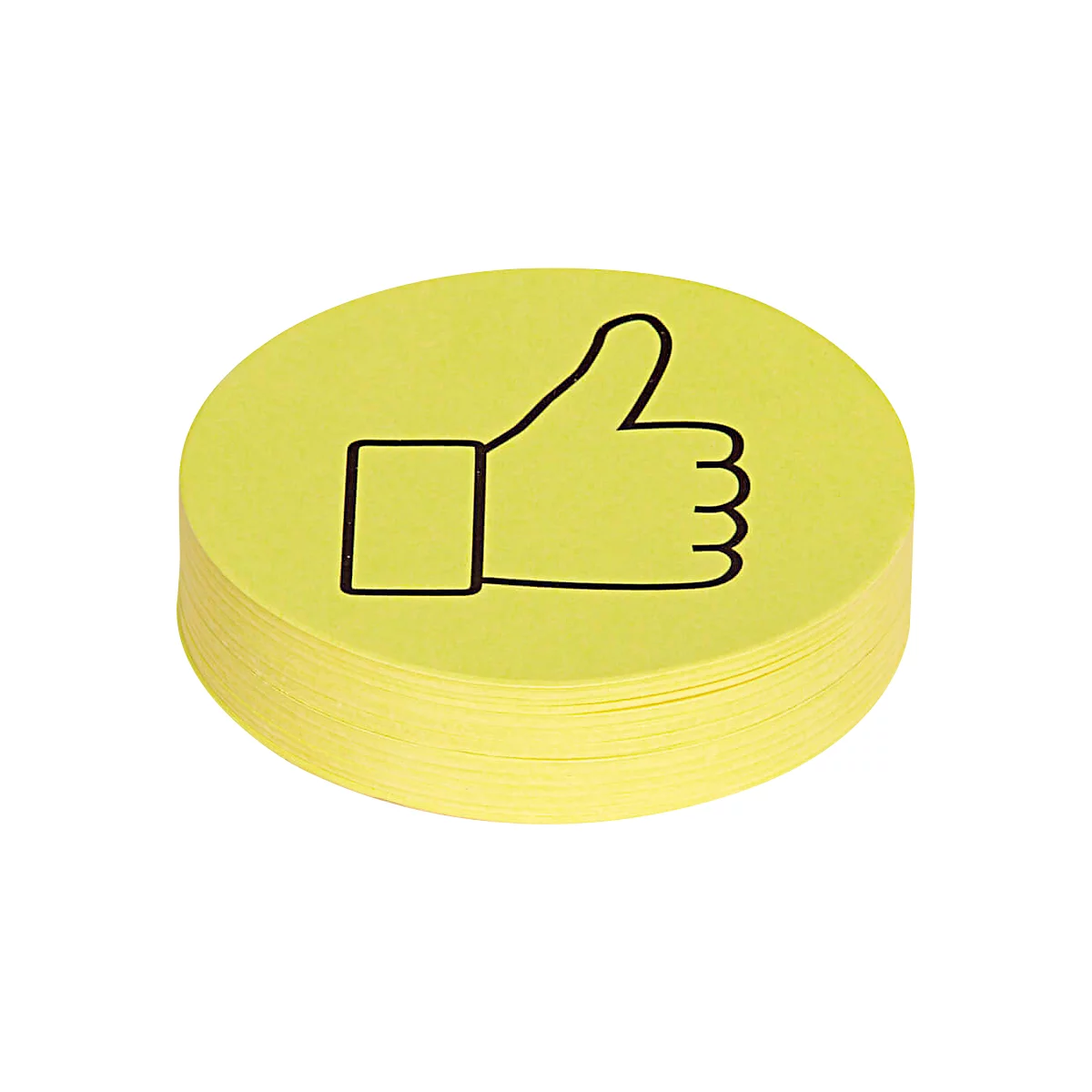 Yellow, round sticky notes, stack with a thumbs-up symbol.