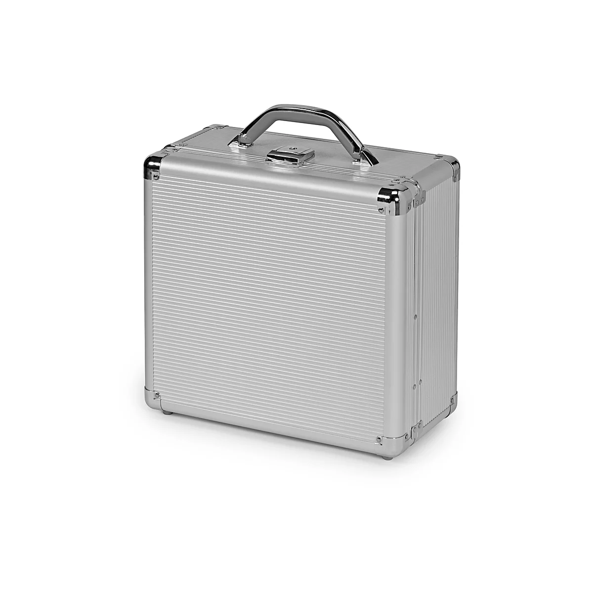 Silver aluminum case with handle and silver fittings.