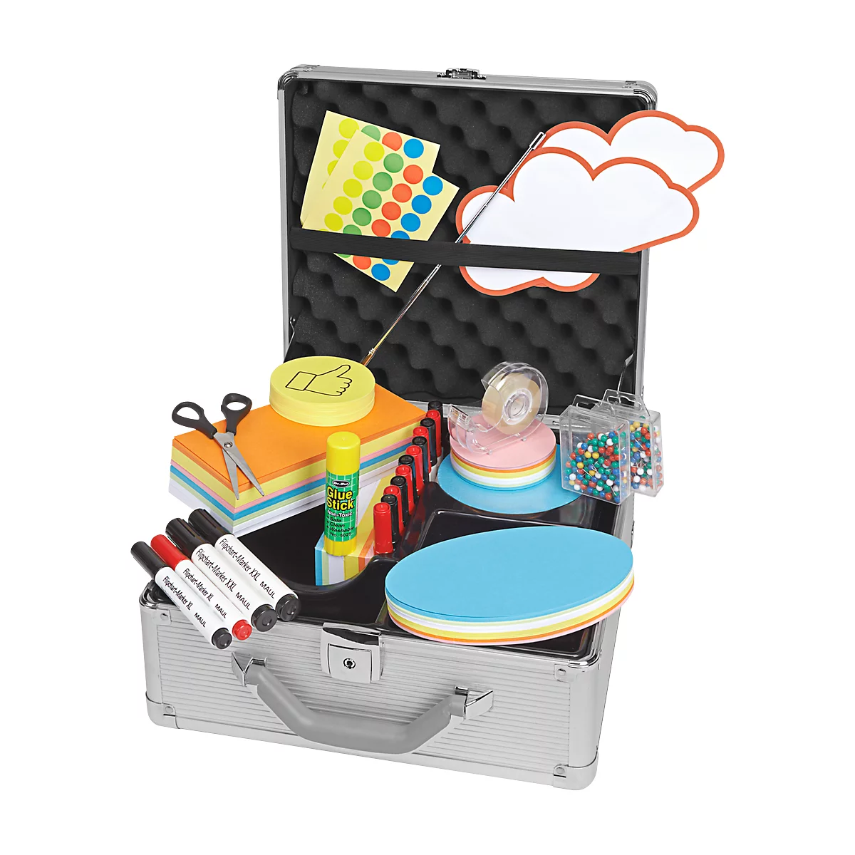 Opened silver case filled with paper, pens, glue, scissors, tape, and cloud shapes.