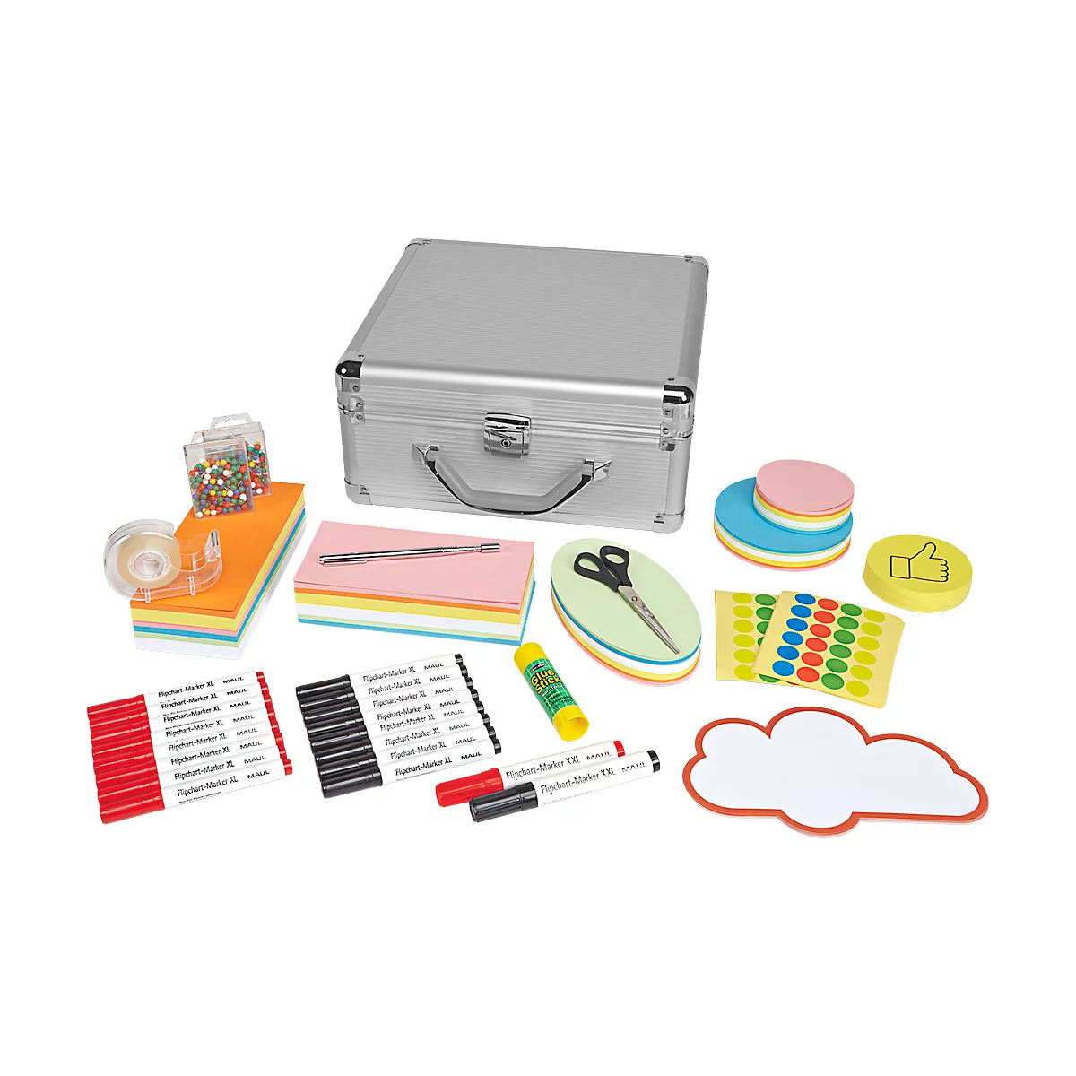 Gray aluminum case with office supplies: sticky notes, pens, scissors, glue, paper clips, tape, and markers.
