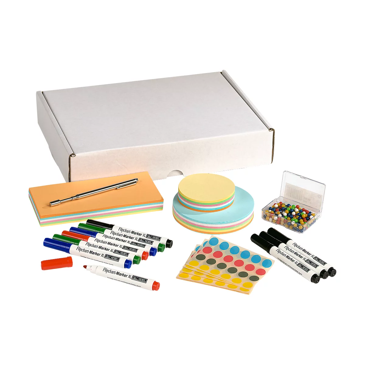 A set of office supplies including pens, sticky notes, paper clips, and a box. The background is white.