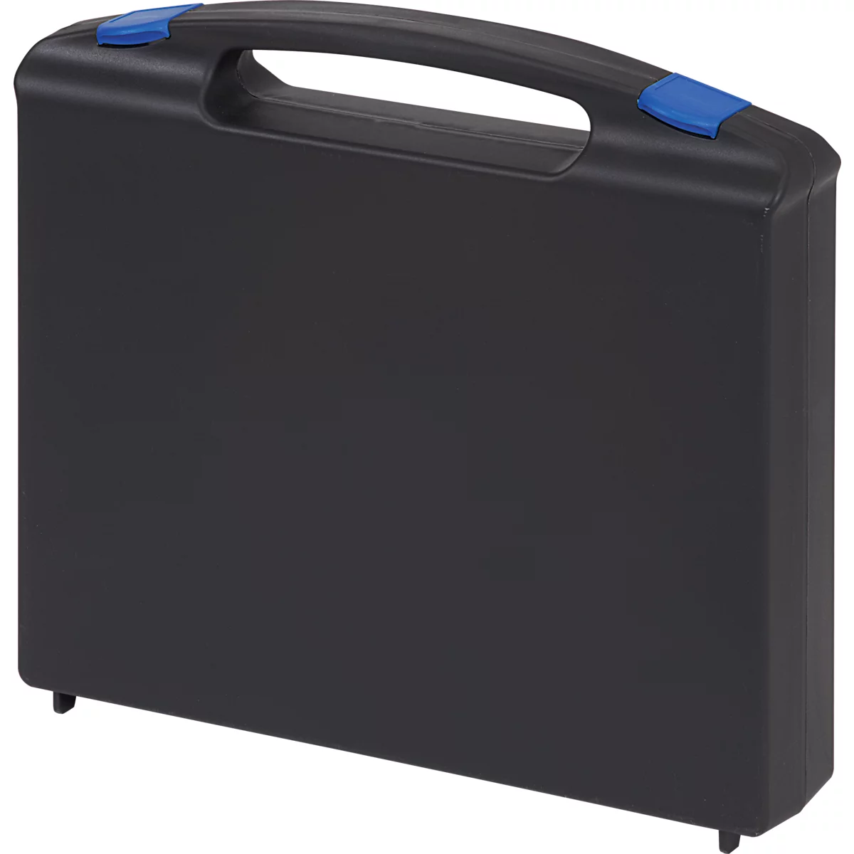 Black suitcase with blue handle and blue accents.
