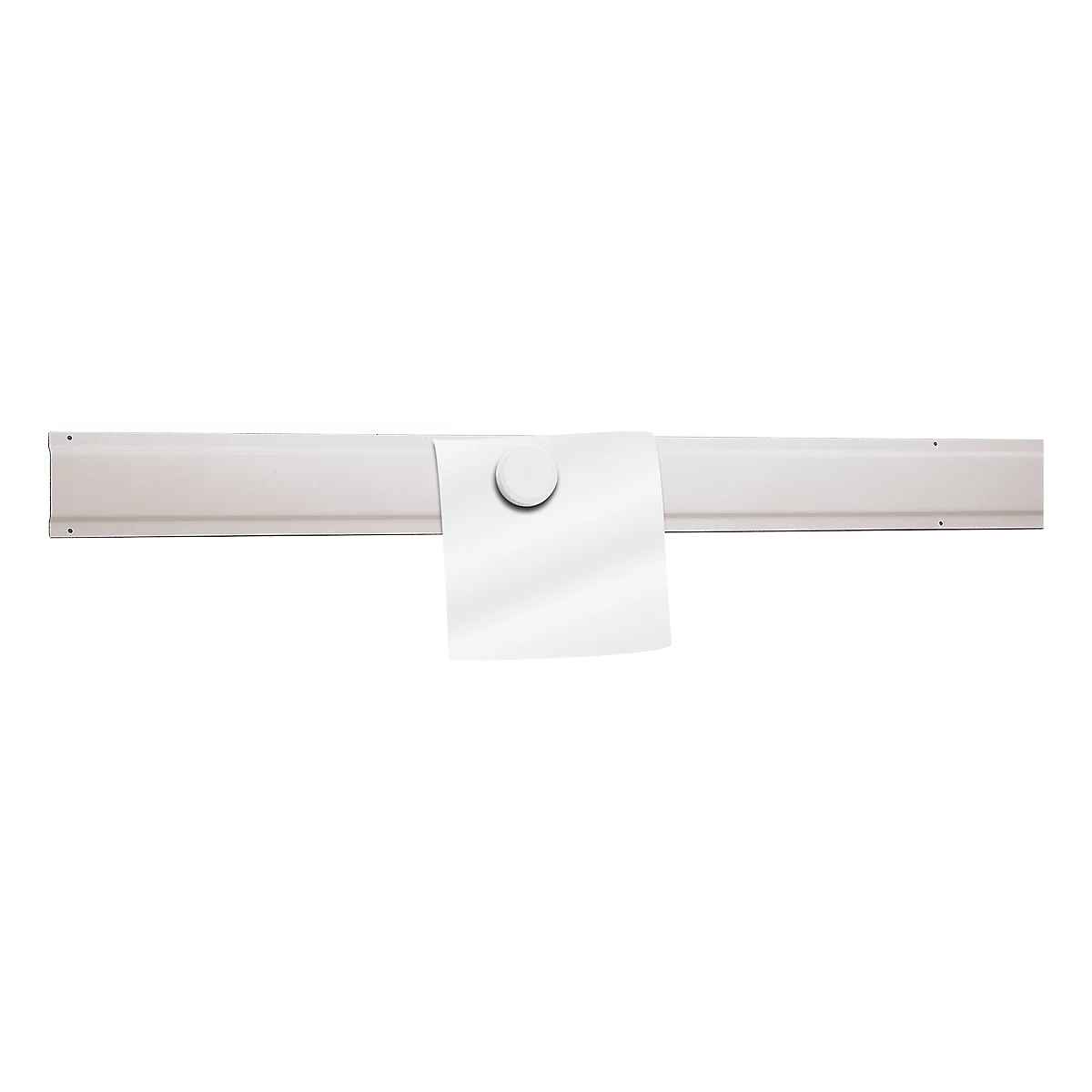 A white magnetic strip with an attached white sheet of paper and a round magnet.