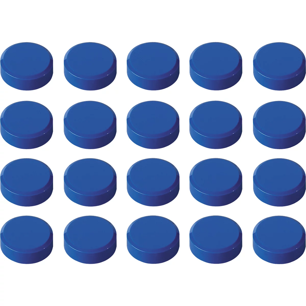 20 blue, round elements arranged on a white background.