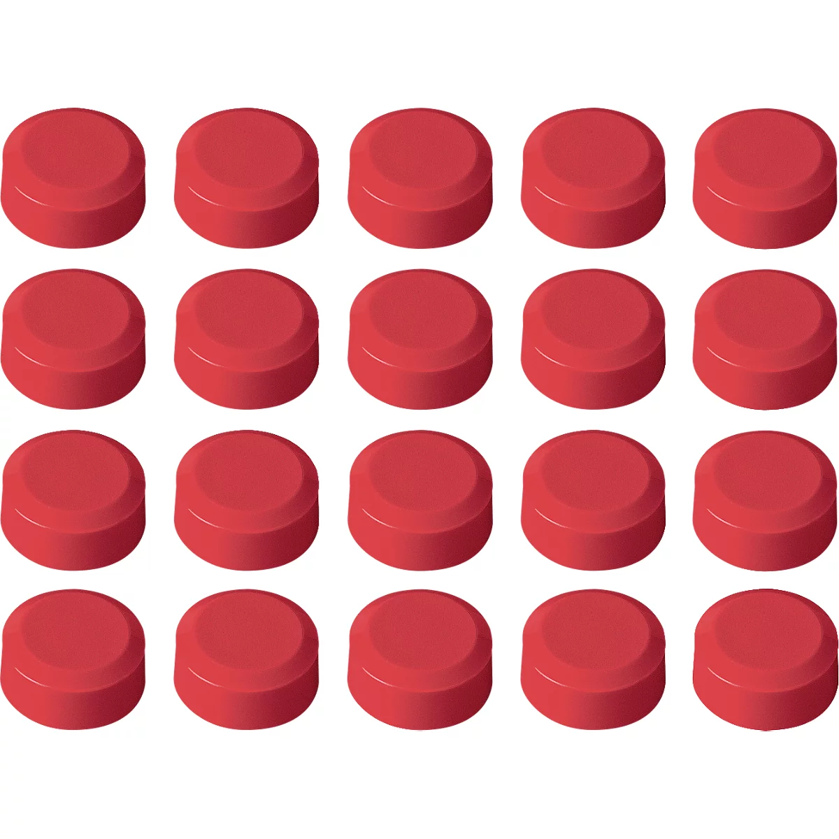 20 red cylindrical buttons on a white background.