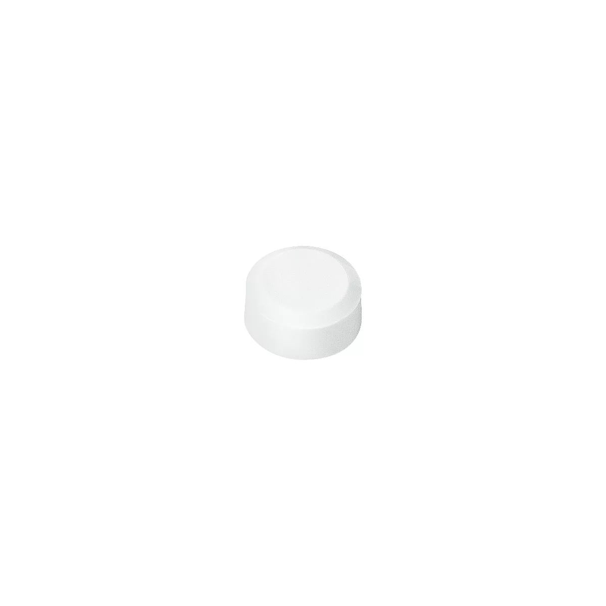 White, round object with slightly rounded edges, resembling a pill or a small container.
