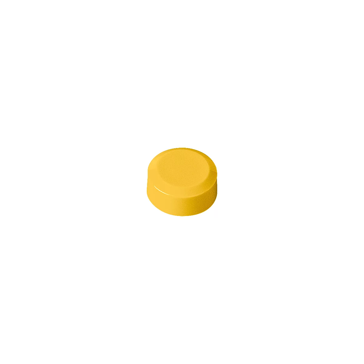 Yellow, round button, slightly raised, with a smooth, shiny edge.