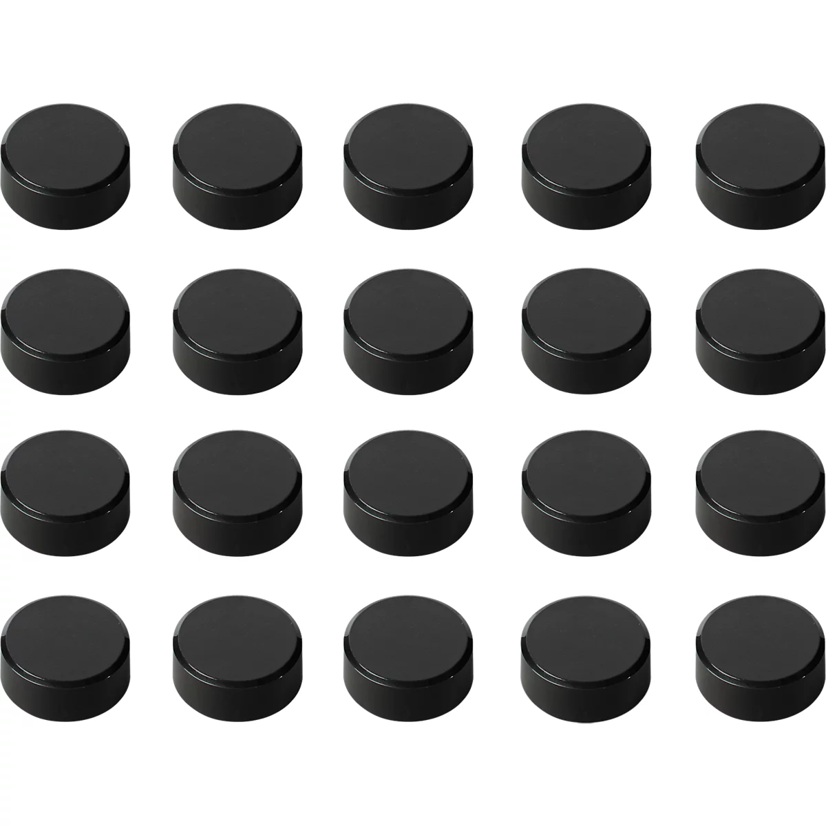 20 black, round buttons on a white background. Each button has a flat top and a wide rim.