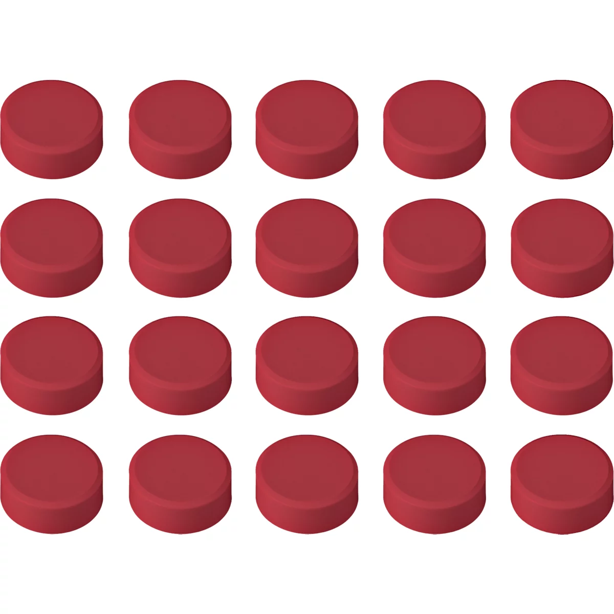 Top view of an arrangement of 20 round, red pills on a white background.