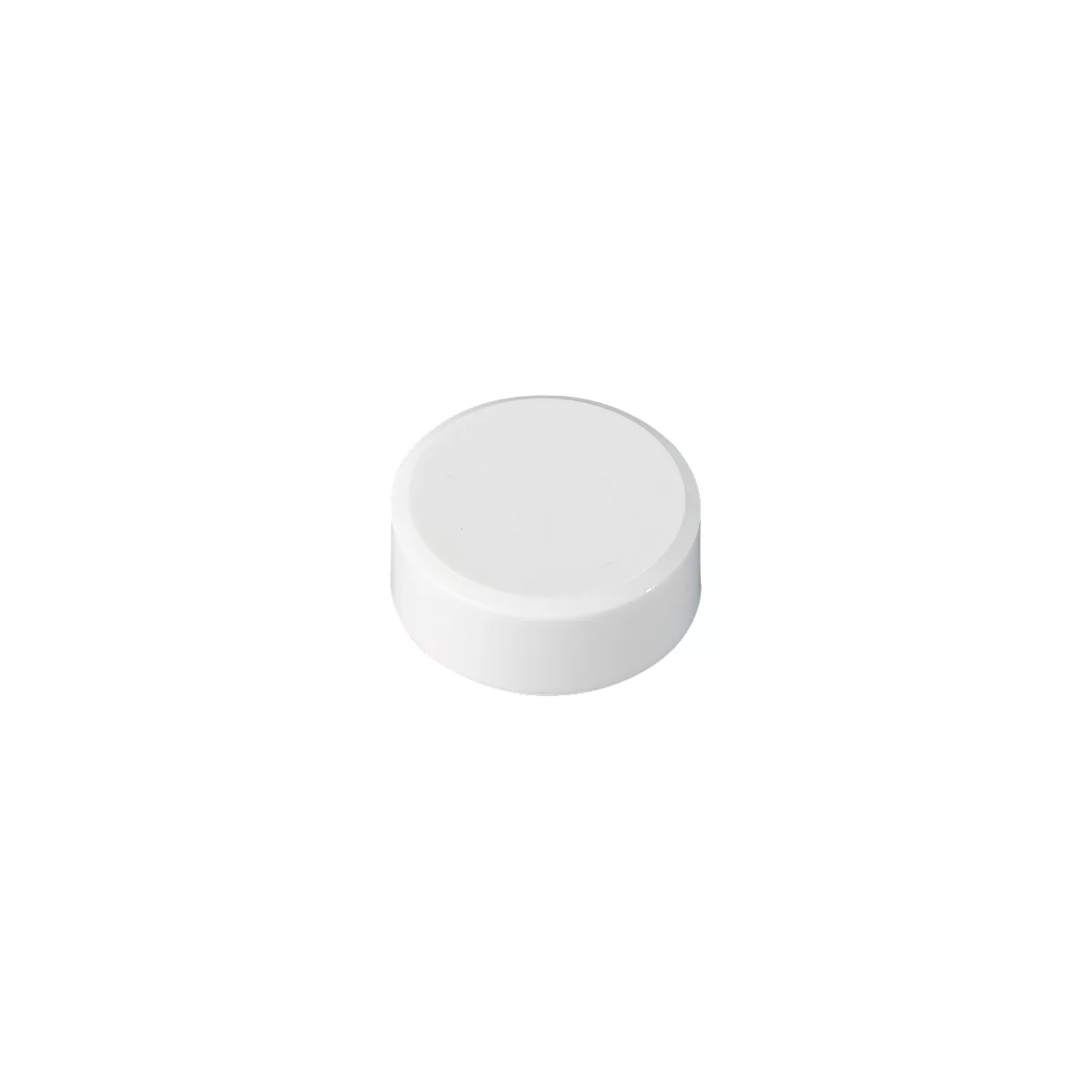 White cylindrical button, slightly rounded, with a smooth surface.