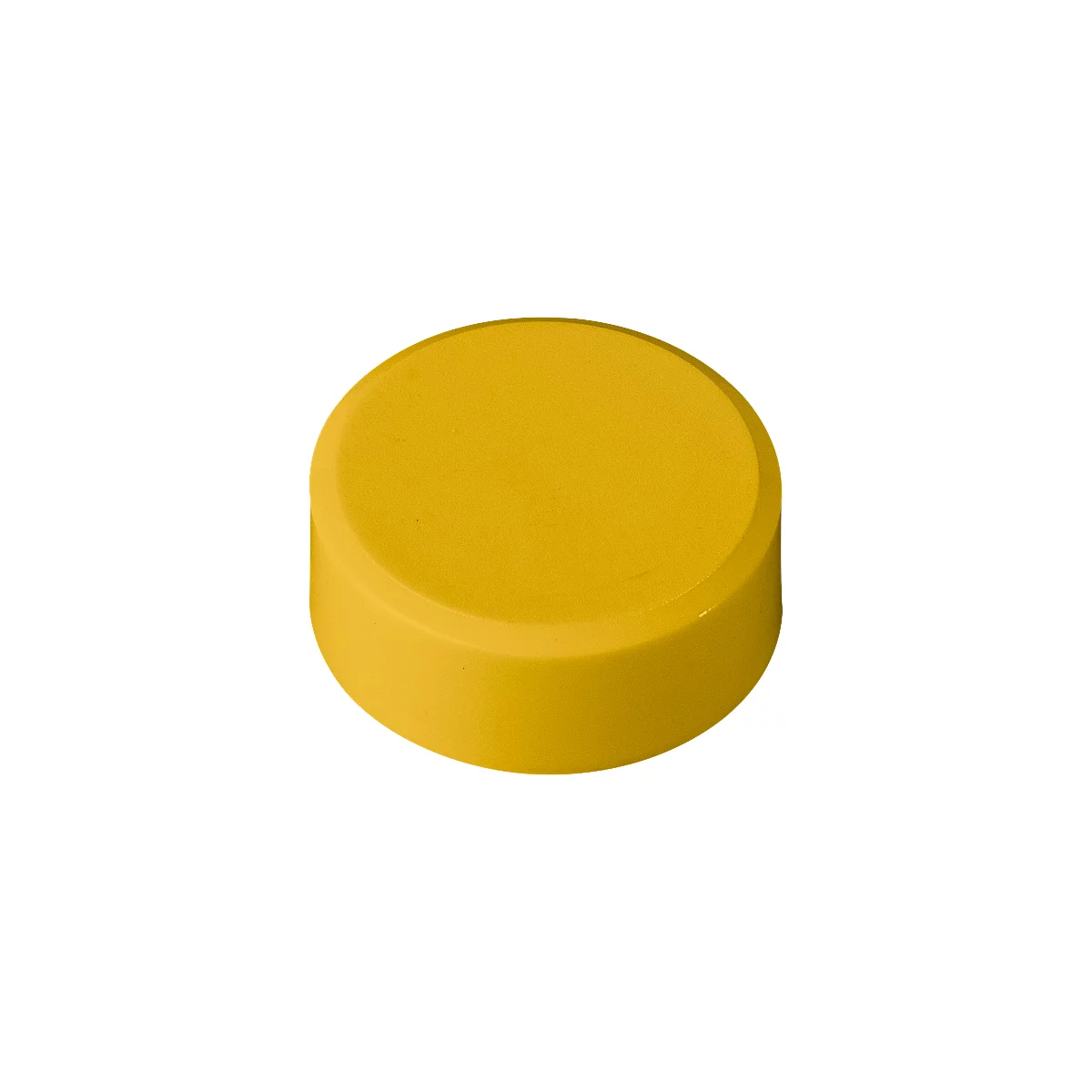 Yellow, round button with rounded edges placed on a white surface.