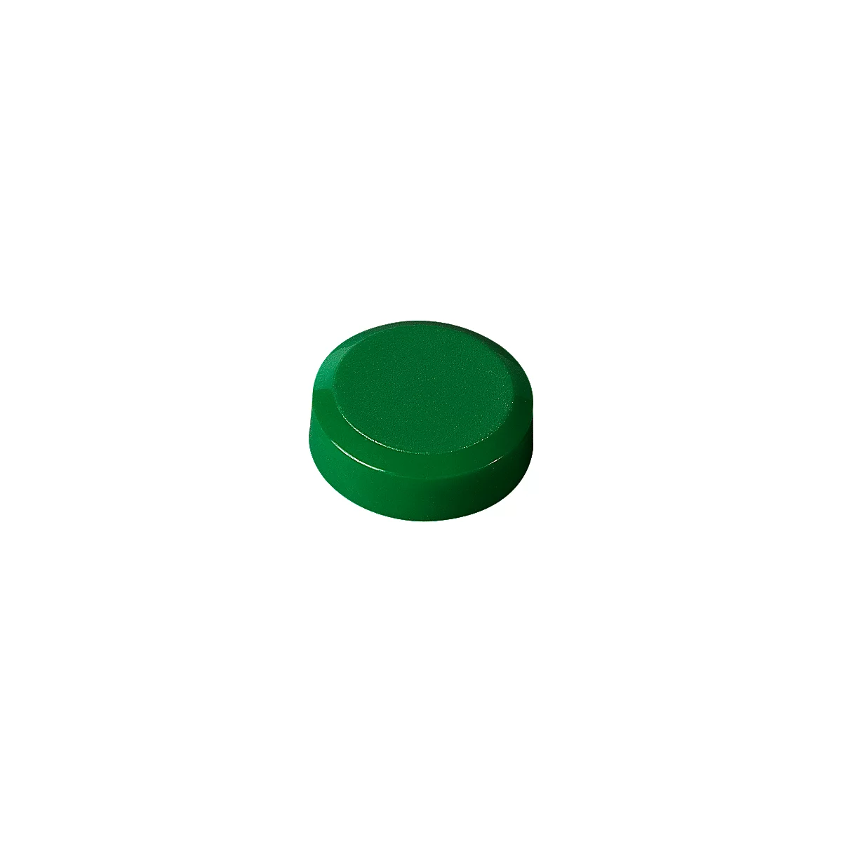 Green, round button with raised center.