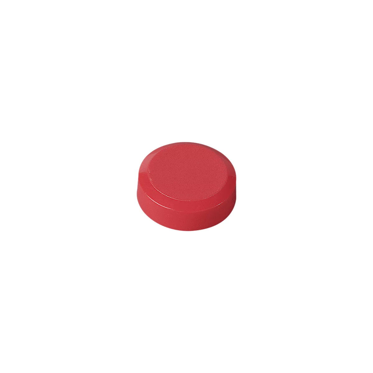 Red, round button with slightly rounded edges. Flat top, smooth.