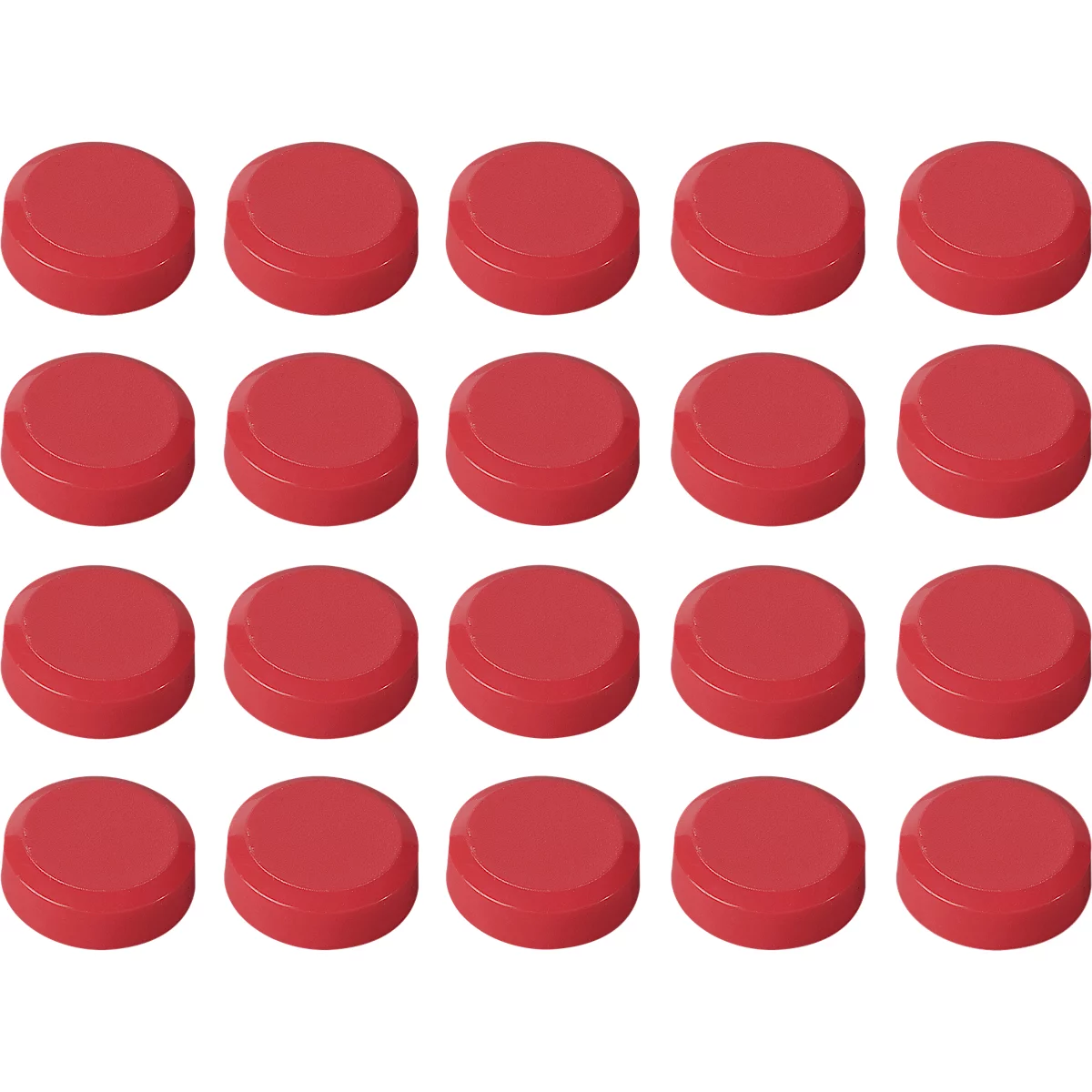 An arrangement of 20 red, cylindrical objects with rounded edges, all evenly spaced on a white background.