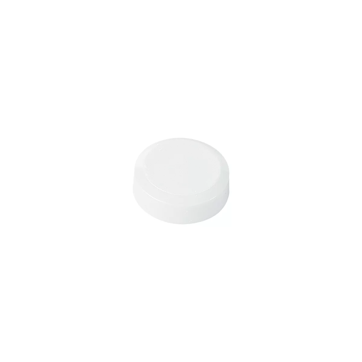Round, white tablet, slightly shiny, with rounded edges.