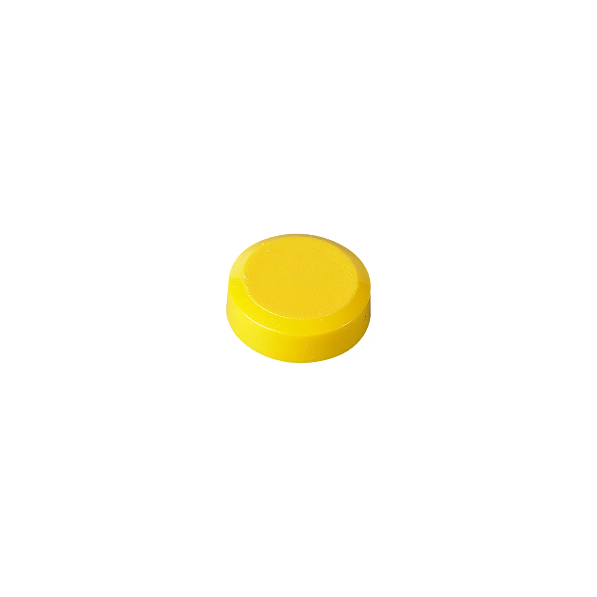 Yellow, round button, raised with rounded edges.
