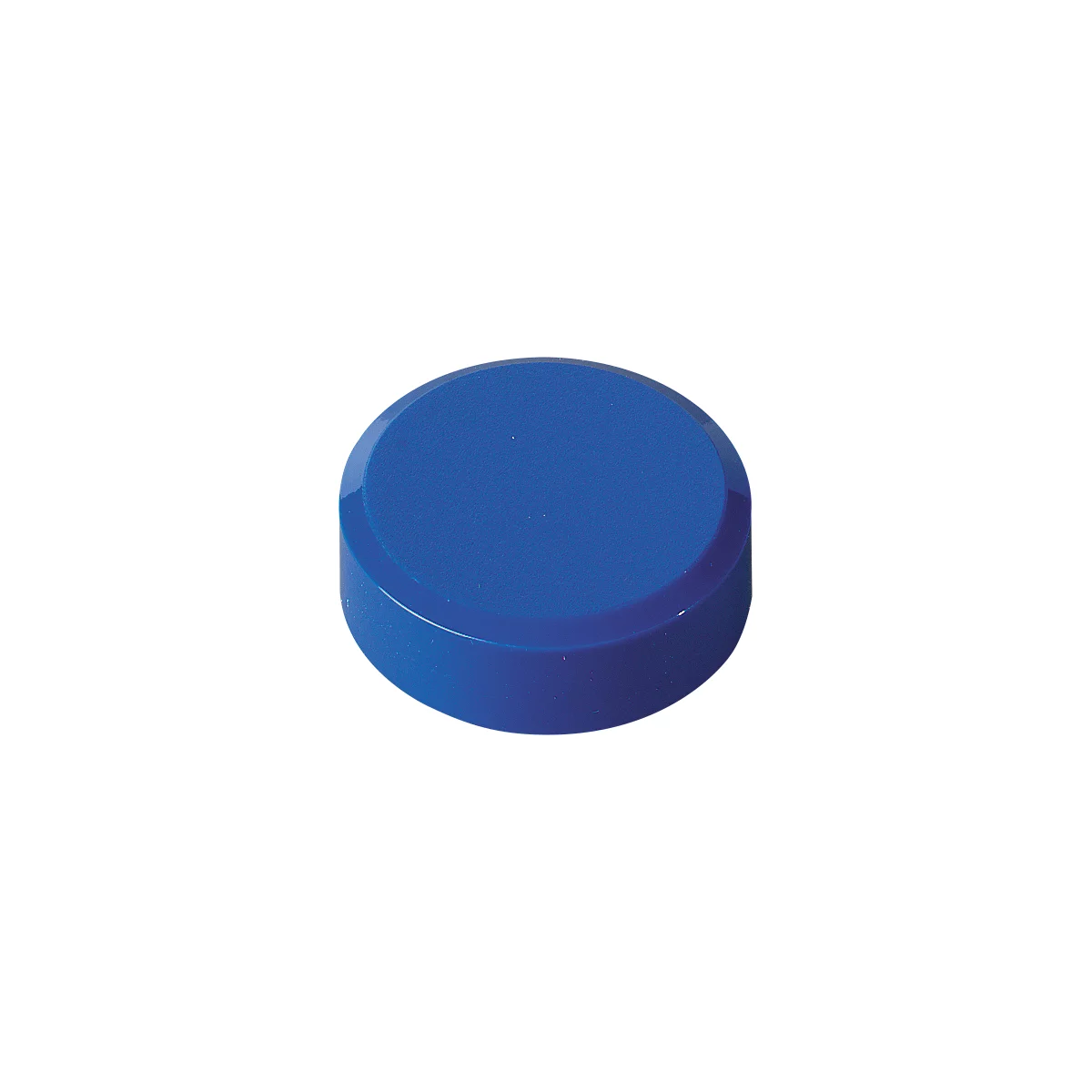 A blue, round object. It has a flattened top and a slightly rounded edge. The material appears smooth.