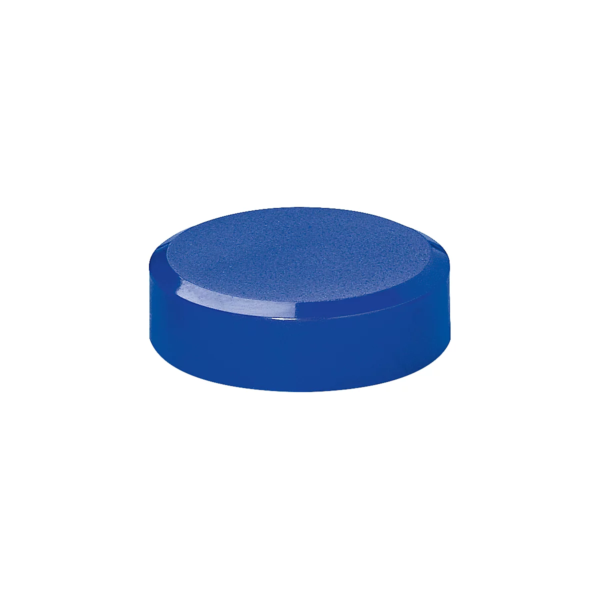Blue, round object. Top is flat and rough, sides are smooth and shiny.