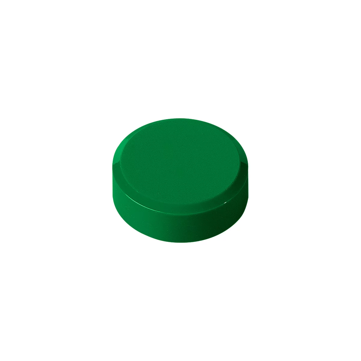 A green, round button with a slightly rounded top and a raised edge extending around the base.