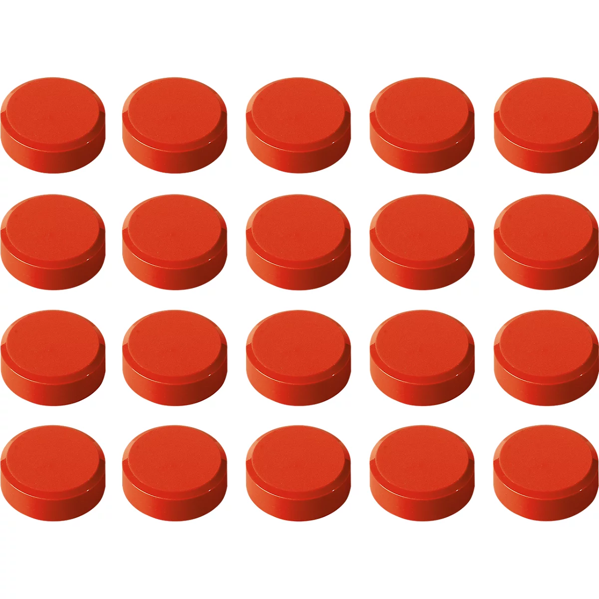 Close-up of twenty red, round magnets on a white background.