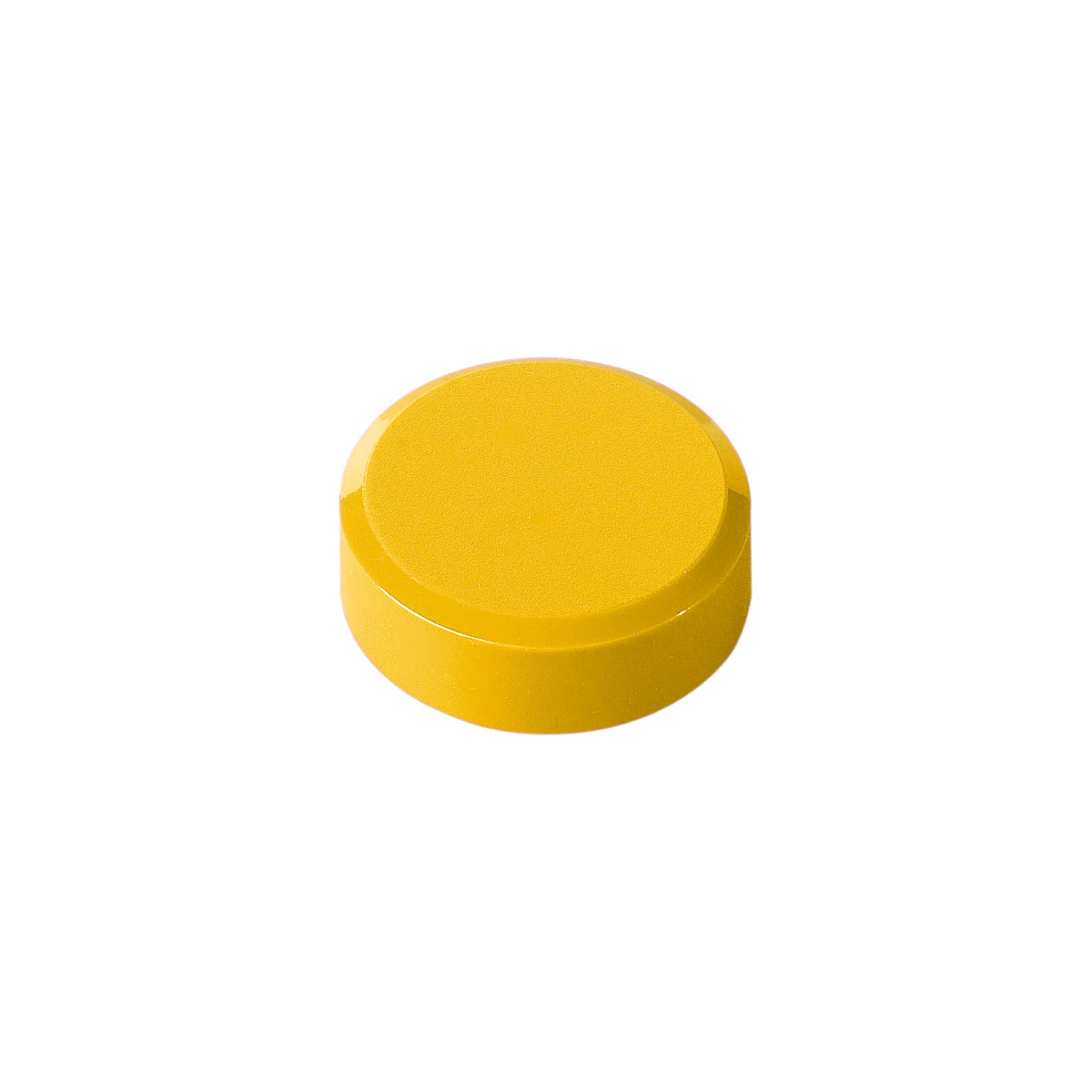 Yellow, round button, slightly raised top, shiny surface.