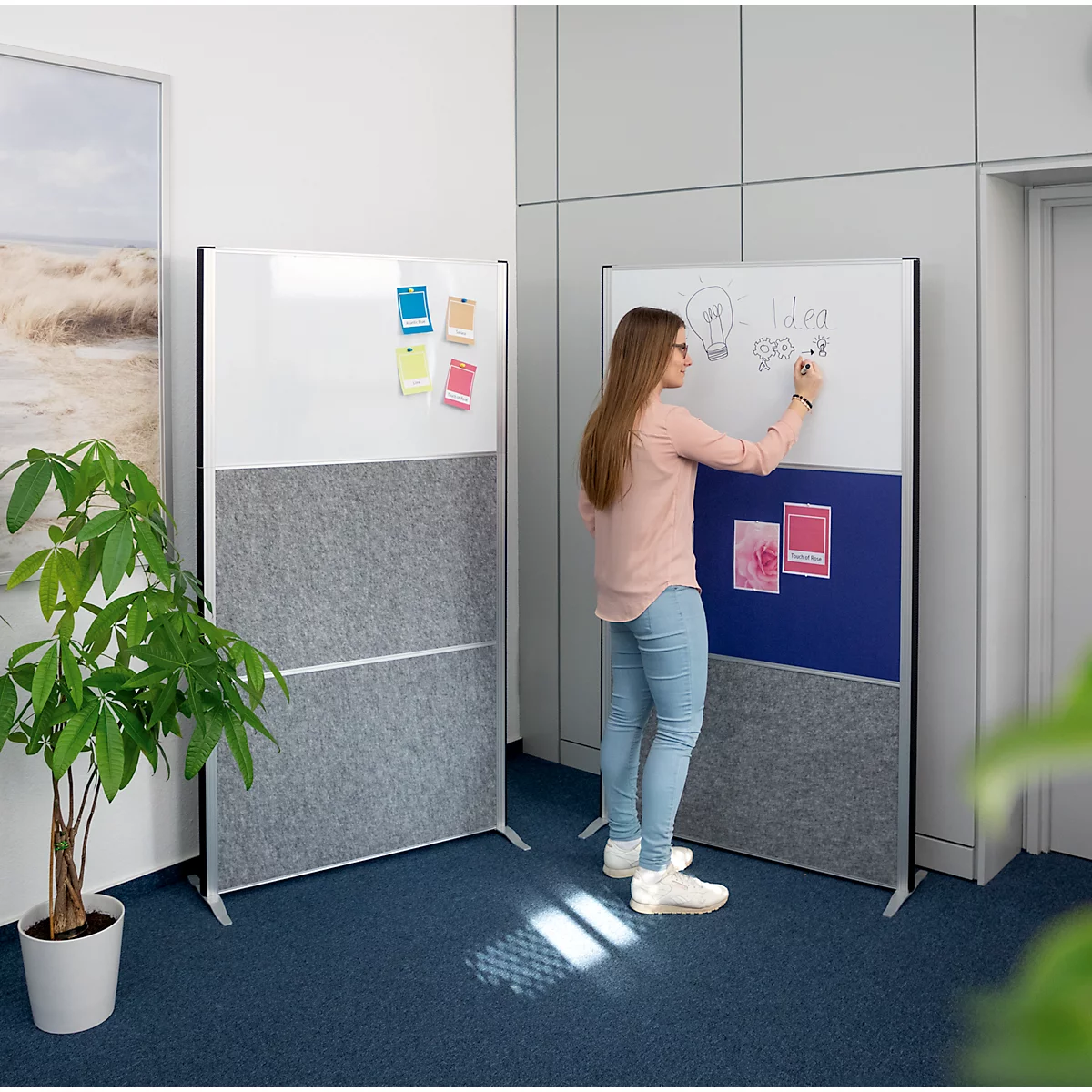 MAUL scheidingswandsysteem MAULconnecto, 2 x donker akoestisch vlies, 1 x whiteboard, klittenband, staander, H 1800 x B 1000 mm, zilver