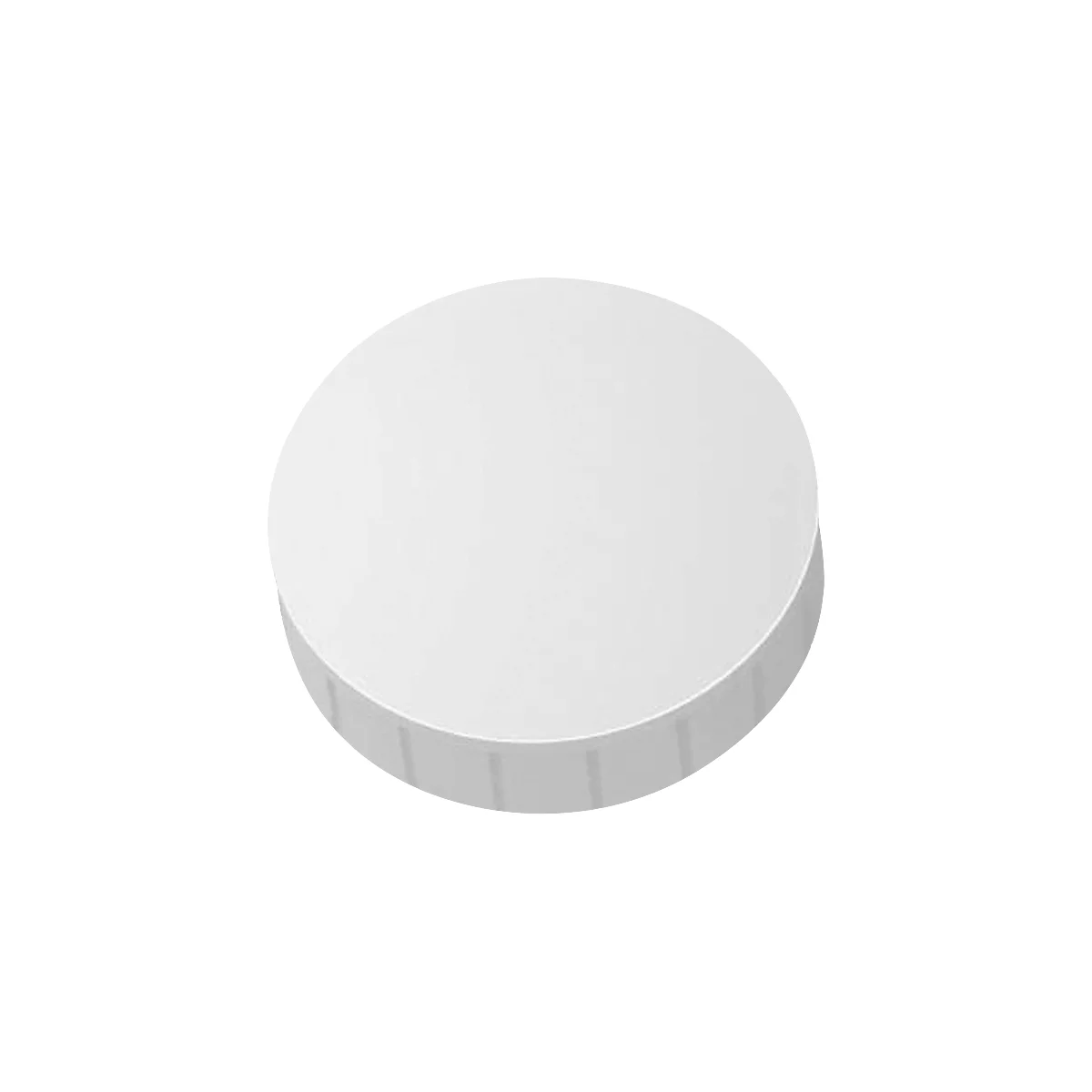 A white, round object. It has a flat top and a cylindrical, ribbed edge.