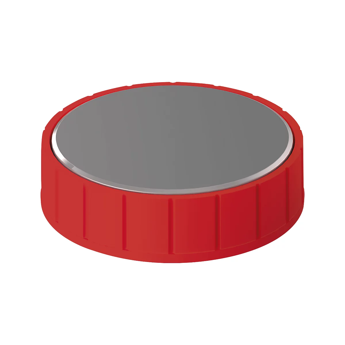 Rote Batterie mit silberner Kante und grauem Deckel.