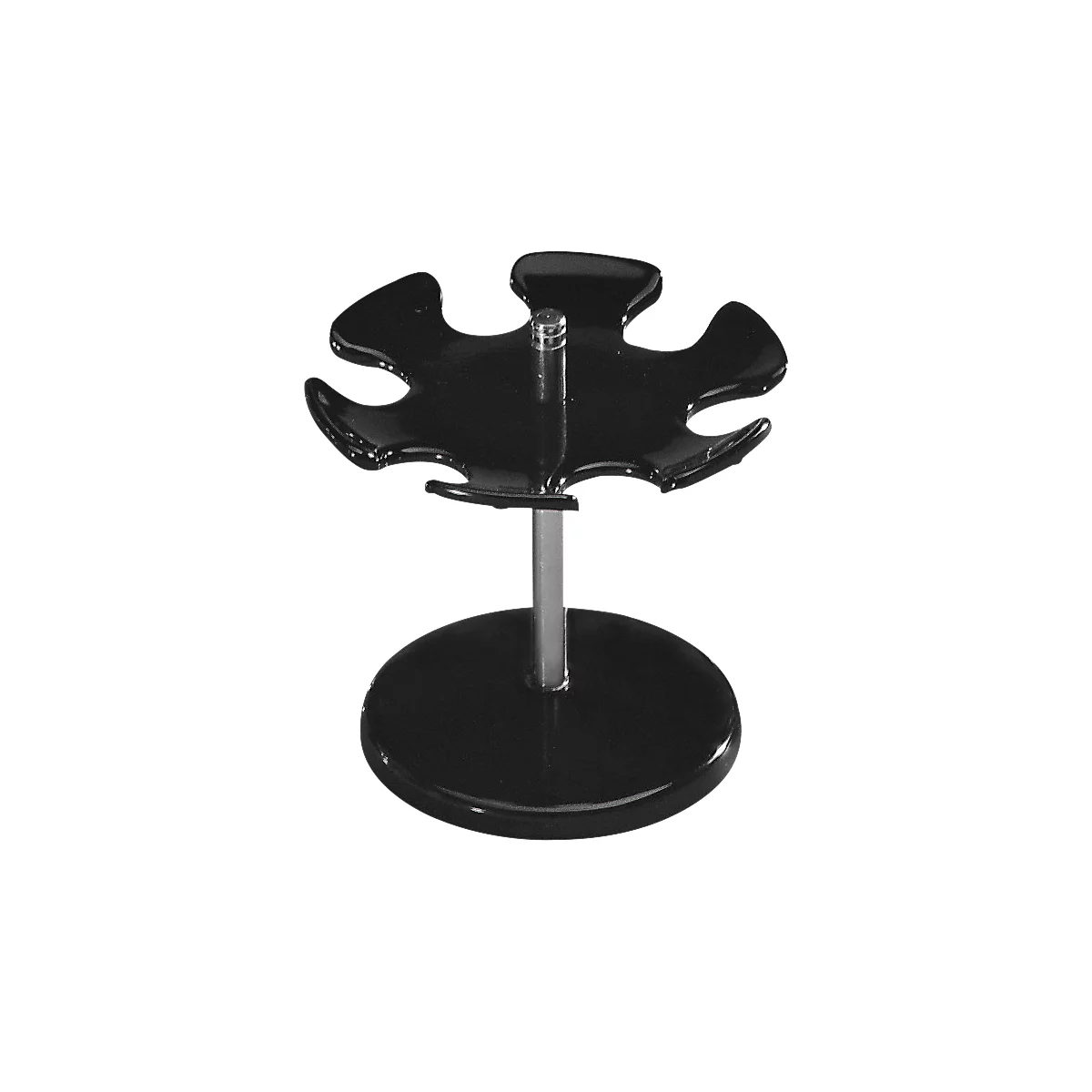 A black pen holder with six circular recesses. A silver-colored rod rests on a round base.