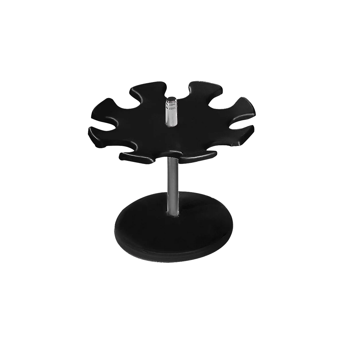 Black star-shaped pen holder with silver stem and round base.