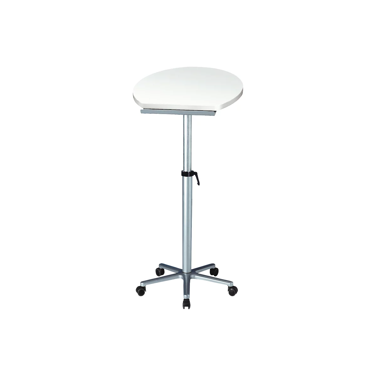 An adjustable standing desk with a white, crescent-shaped tabletop. It stands on a silver cross base with casters.