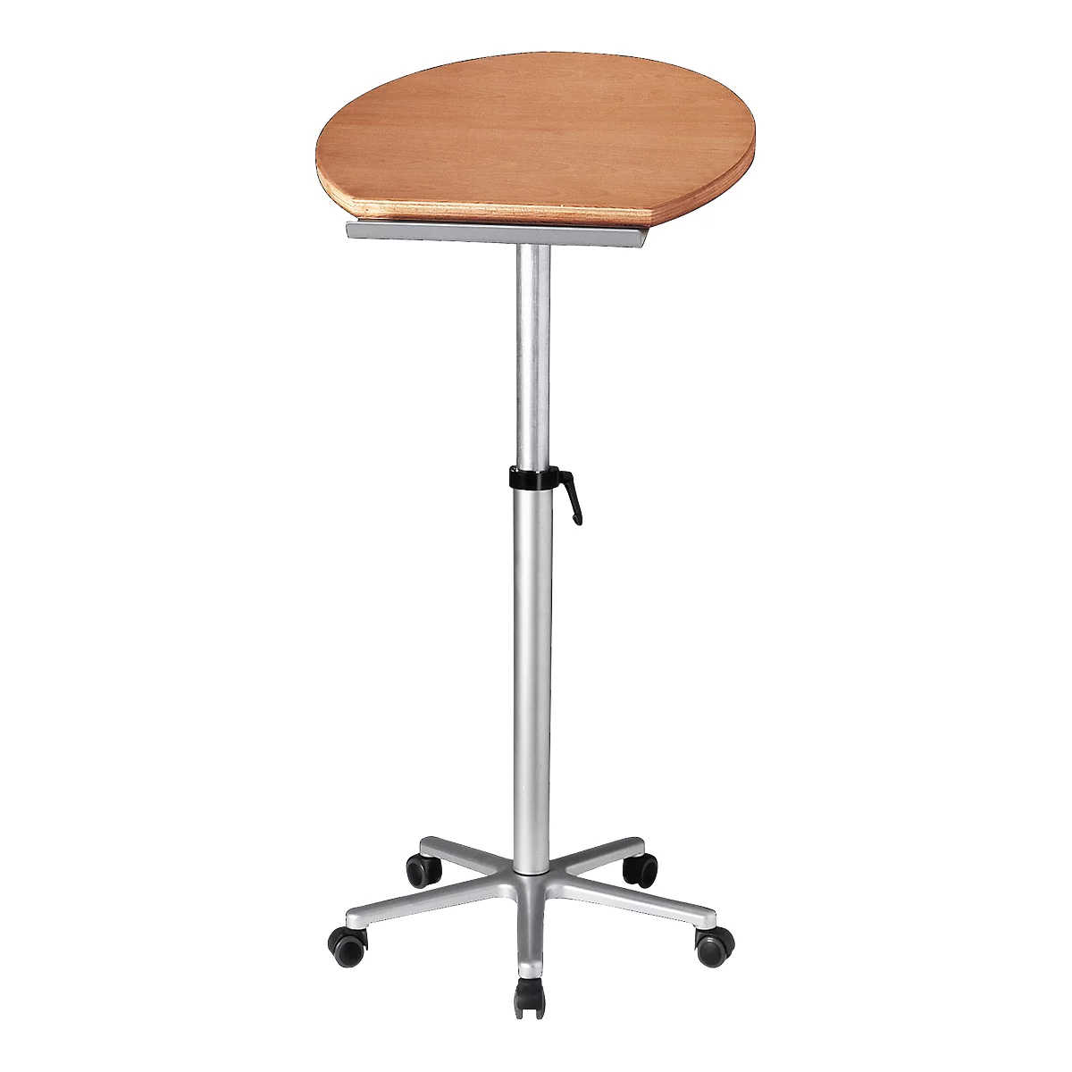 An adjustable laptop table with wooden top and wheels.