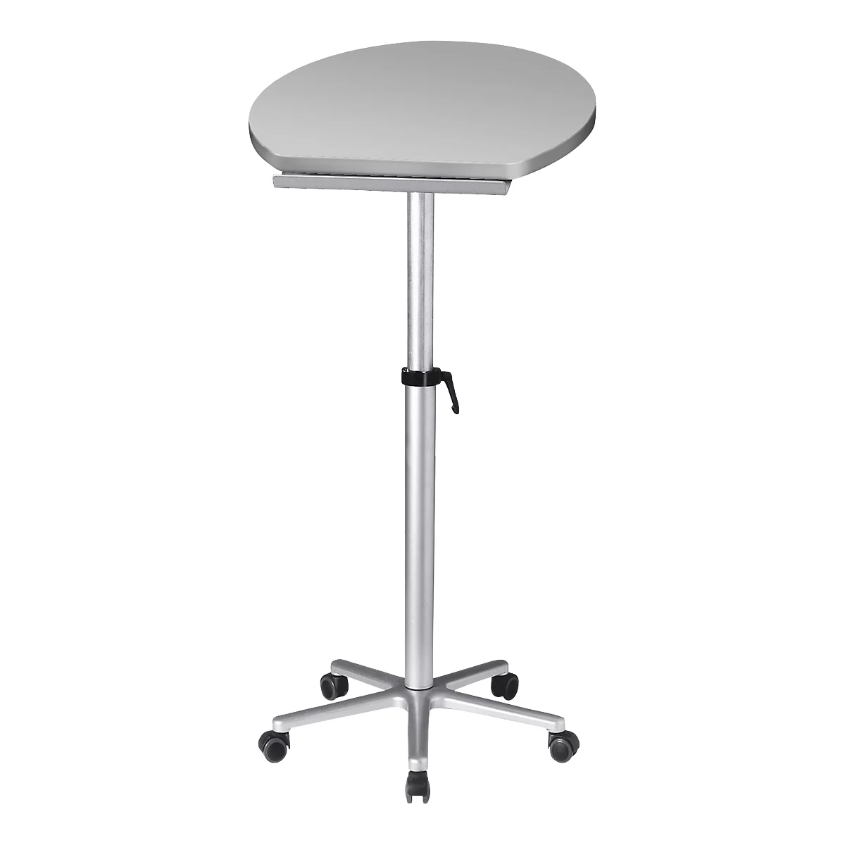 An adjustable, rolling standing desk made of metal. Gray tabletop, silver column, black handle and wheels.