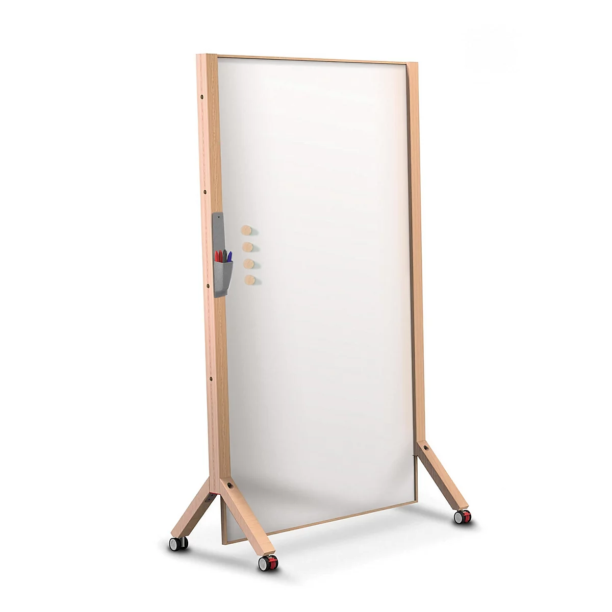 Freistehendes, mobiles Whiteboard mit hellem Holzrahmen auf Rollen und einer kleinen Stifthalterung.