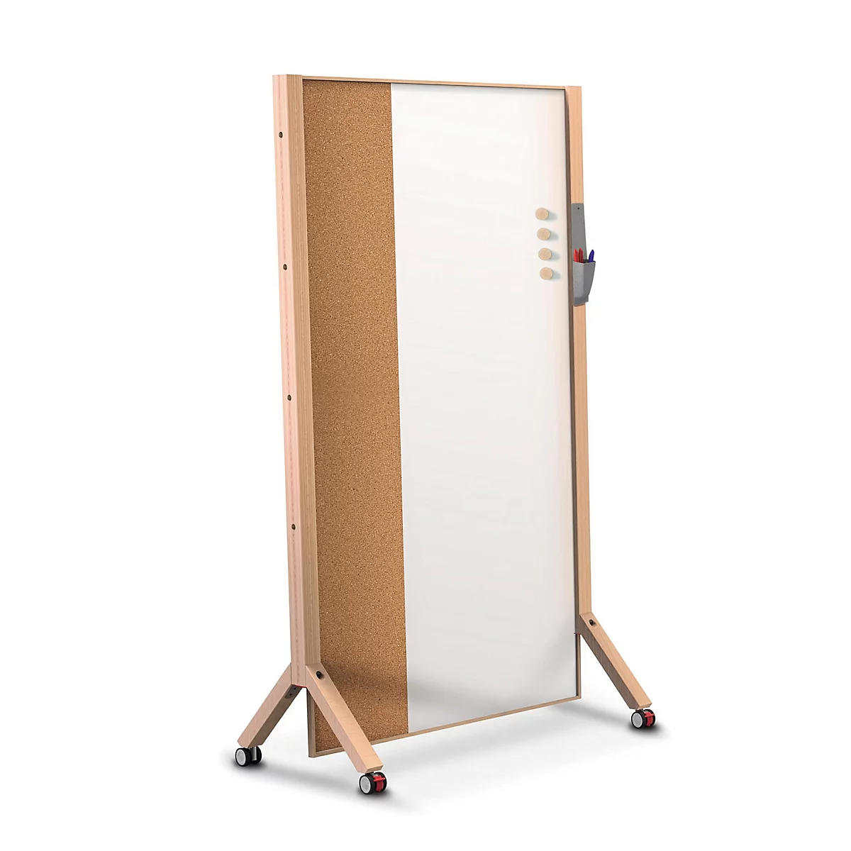 Mobile Trennwand mit einseitiger Korkoberfläche und Whiteboard, in hellem Holzrahmen auf Rollen.