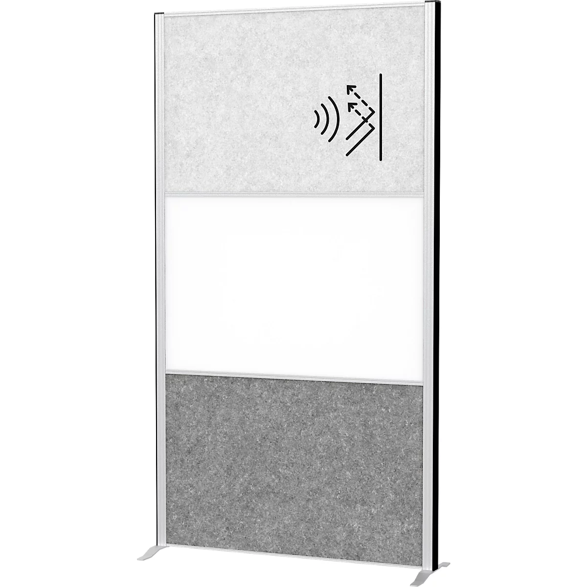 MAUL Stellwandsystem MAULconnecto, 1 x Akustikvlies hell, 1 x Akustikvlies dunkel, 1 x Whiteboard, Standfuß, auf Rollen, H 1800 x B 1000 mm, silber