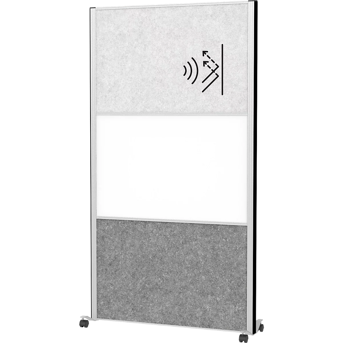 MAUL Système de cloisons MAULconnecto, 1x non-tissé acoustique clair, 1x non-tissé acoustique foncé, 1x tableau blanc, fixation velcro, sur roulettes, H 1800 x L 1000 mm, argenté