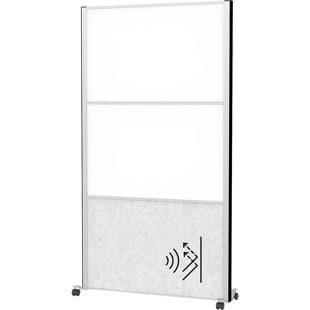 MAUL Système de cloisons MAULconnecto, 1x voile acoustique clair, 2x tableau blanc, fixation velcro, sur roulettes, H 1800 x L 1000 mm, argenté