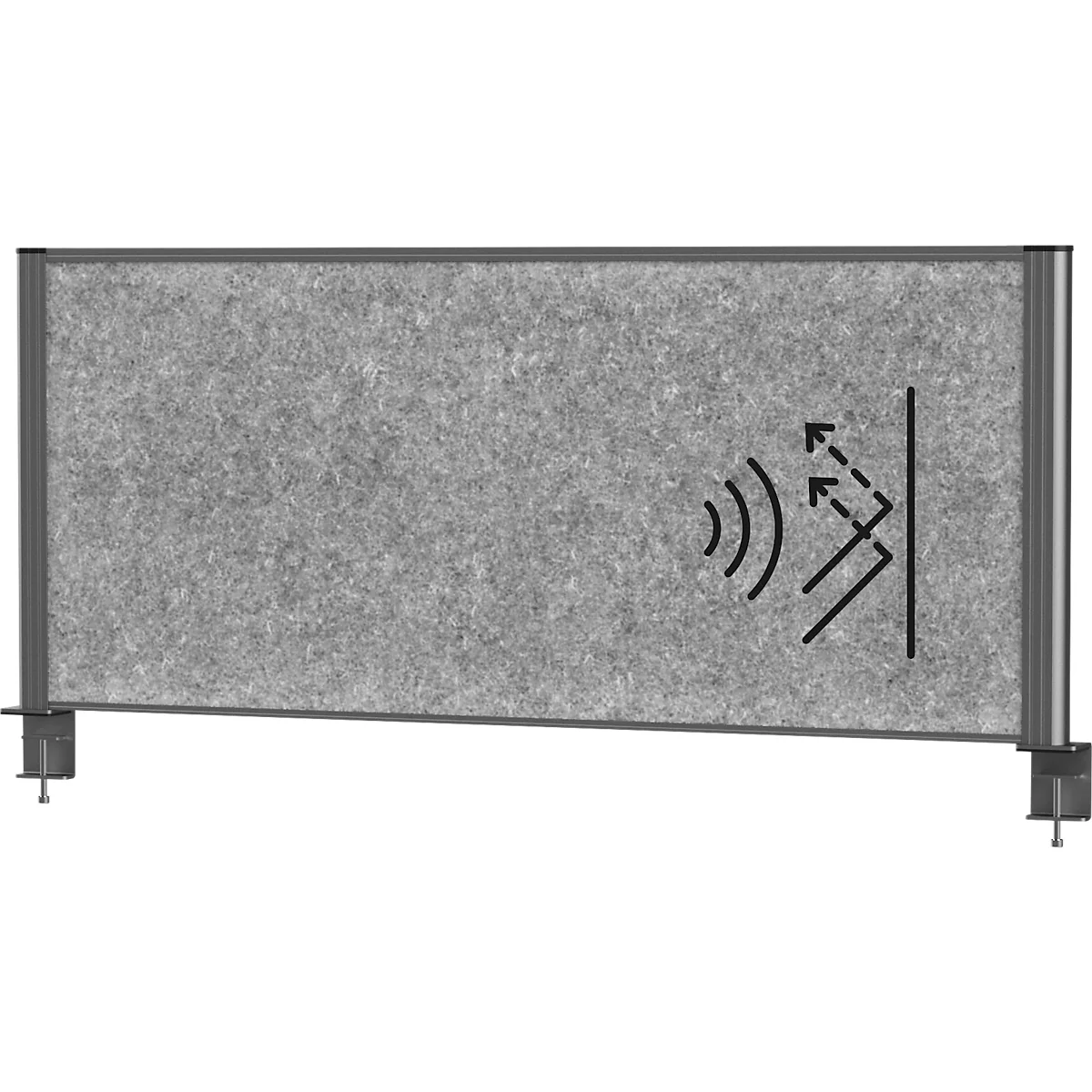 Grey soundproofing panel with metal frame and sound absorption symbols.