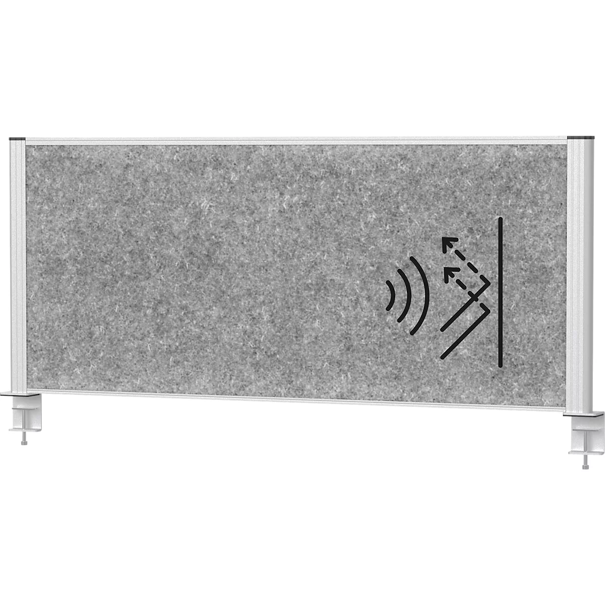 Grey acoustic wall with sound absorption symbol. It is fixed on two sides.