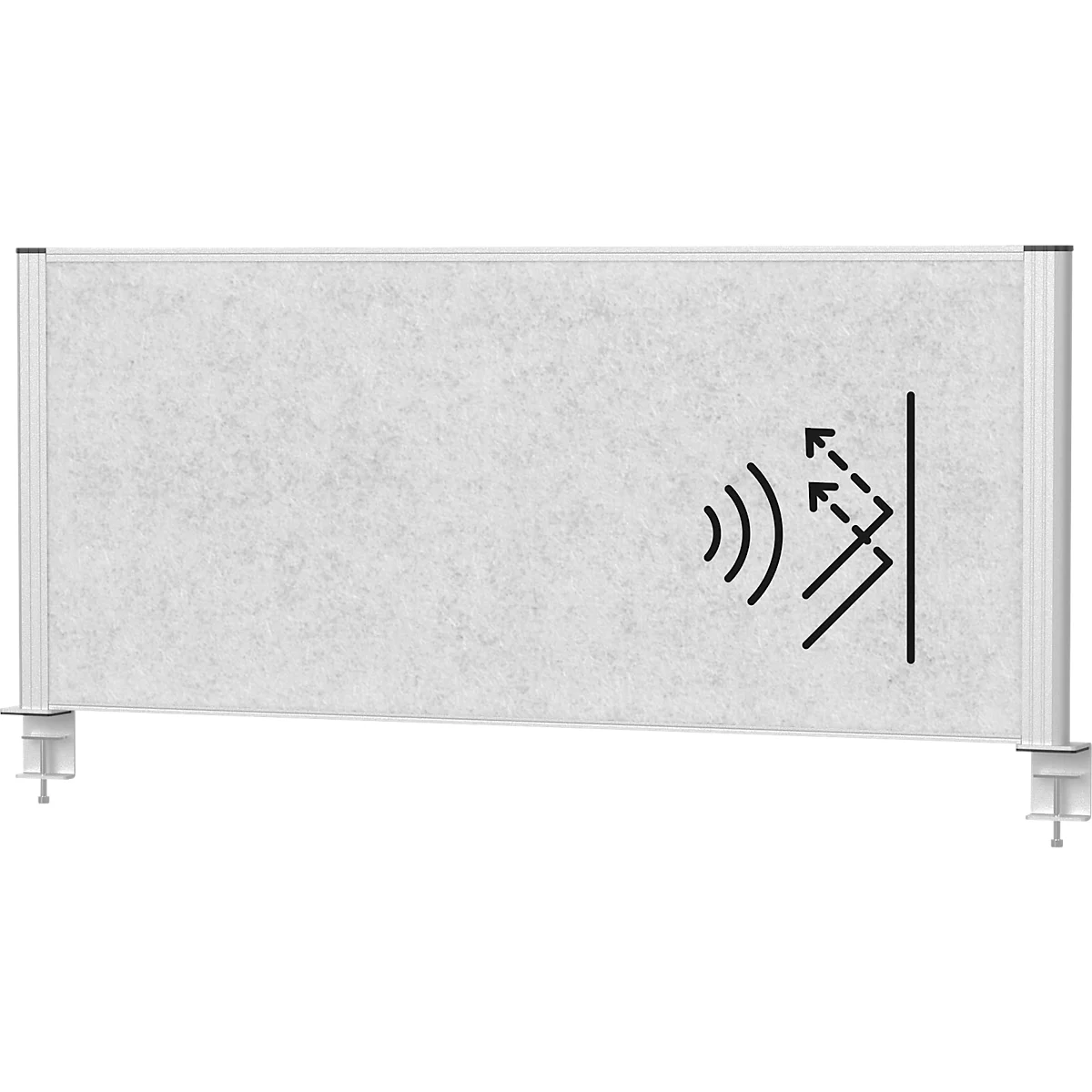 Grey, rectangular soundproof wall with metal feet and symbol for sound absorption.