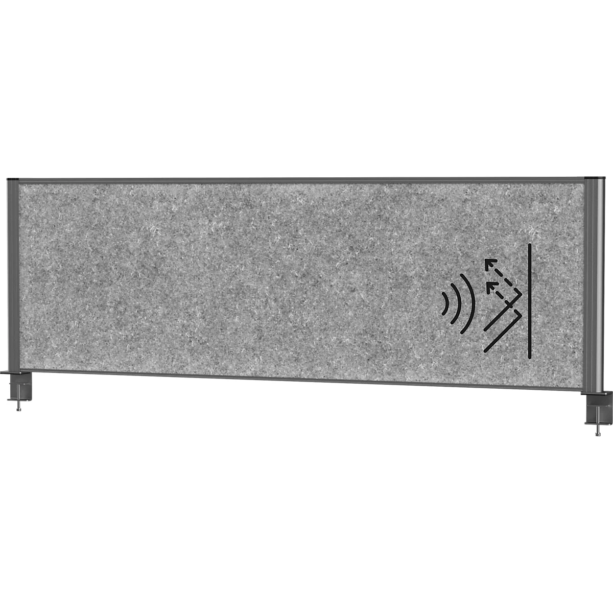Grey sound absorbing wall with metal frame, illustration of sound waves.