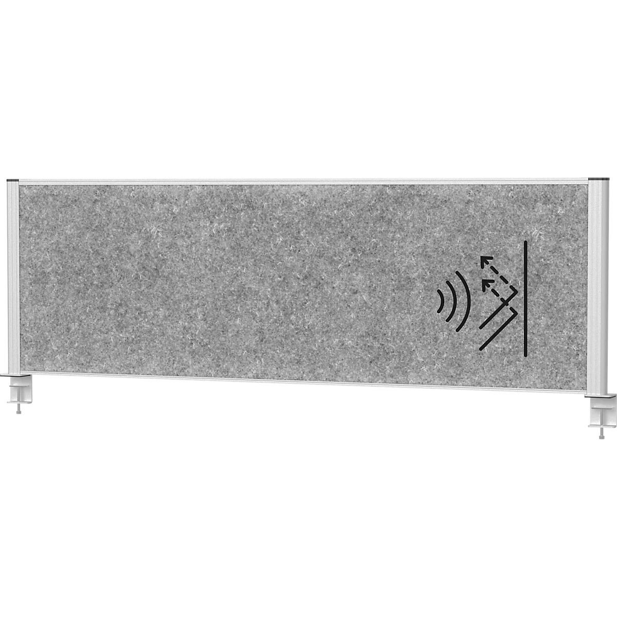 Grey desk partition with sound absorption symbol.