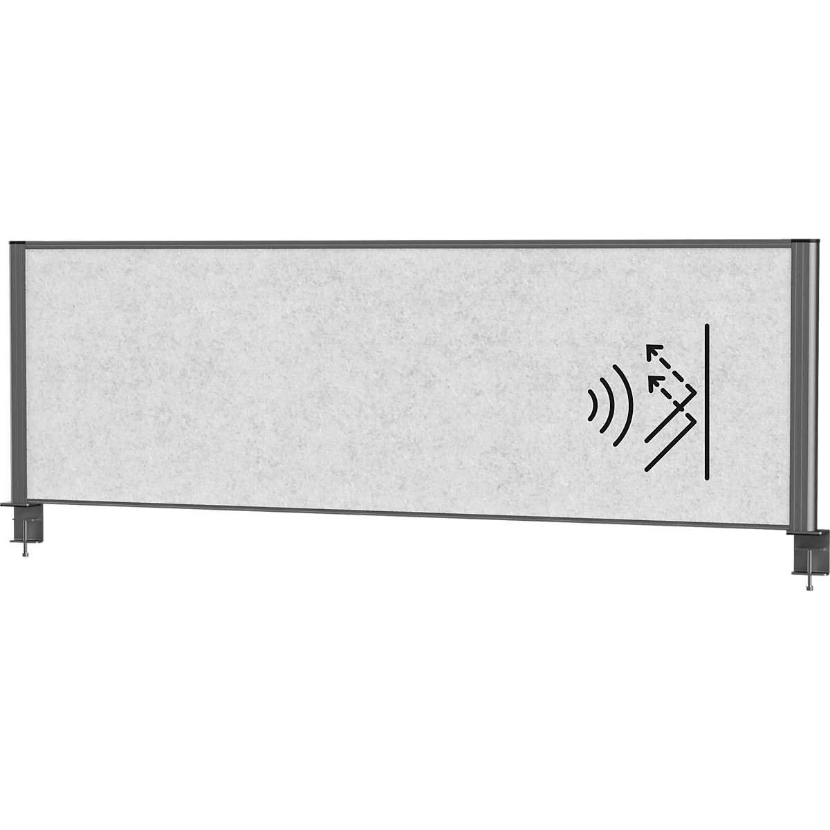 Soundproof wall, grey, rectangular, with sound absorption symbols.